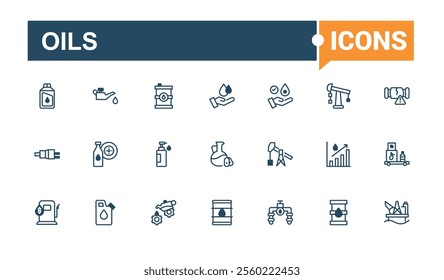 Oils vector line icon set. Icon aroma, gas, product, pump, plant, drill, fuel, petrol. Icons for UI. Editable vector outline and solid icons.