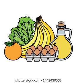 oilve oil with eggs and fruits healthy food icons