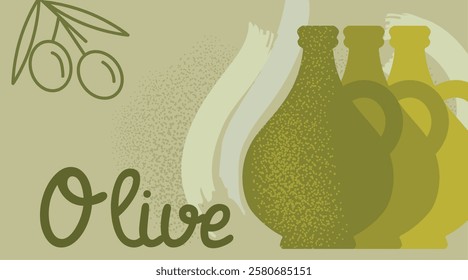 Oilve oil retro background with bottle and hand drawn elements. Best for posters, menu deisgns. Vector illustration.