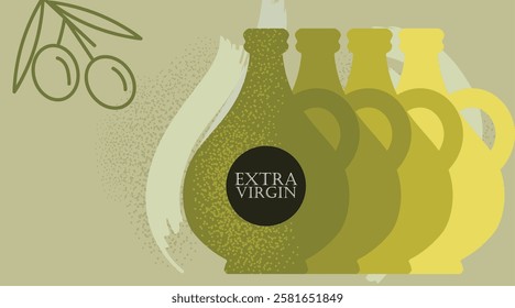 Oilve oil retro background with bottle and hand drawn elements. Best for posters, menu deisgns. Vector illustration.