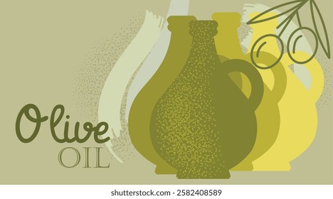 Oilve oil retro background with bottle and hand drawn elements. Best for posters, menu deisgns. Vector illustration.