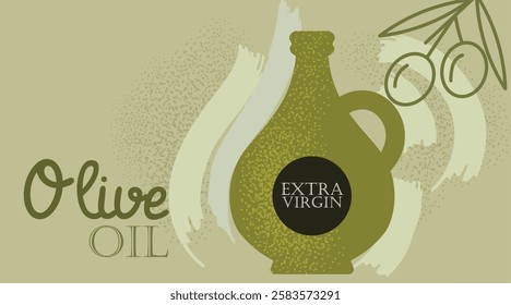 Oilve oil retro background with bottle and hand drawn elements. Best for posters, menu deisgns. Vector illustration.