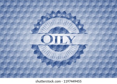 Oily blue emblem or badge with abstract geometric pattern background.