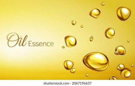 Ölige Tropfen, Vektorhintergrund. Goldenes Öl tropft auf gelbem Hintergrund. Kollagen Essence oder Goldserumtropfen. Konzept für Kosmetik-, Schönheits- und Spa-Banner, Poster, Broschüre, Flyer oder Werbung.Vektor EPS10