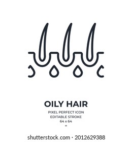 Oily hair and seborrhea concept editable stroke outline icon isolated on white background flat vector illustration. Pixel perfect. 64 x 64.