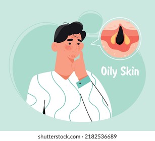 Oily skin concept. Poster or banner for advertising cosmetics, diseases and problems. Paren touches pimples on his face. Conditions, anatomy, body and skincare. Cartoon flat vector illustration