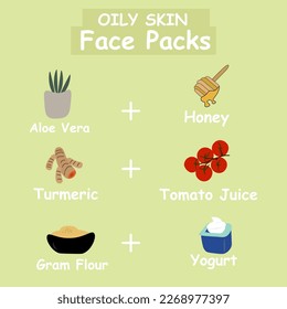 Oily Skin Face Packs Vector Ilustration.Skincare Tips for Oily Skin.Beautycare With Natural Ingrediends.