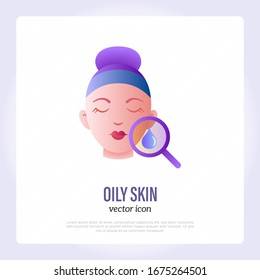 Oily skin symbol. Gradient icon: drop of oil under magnifying glass on girl's face. Skin care, moisturizer or cream for oily, acne skin. Vector illustration.