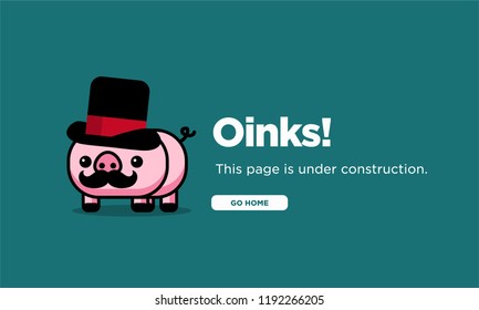 Oinks Internet Not Connected Page Design with Cute Capitalist Pig Moustache and Hat Illustration