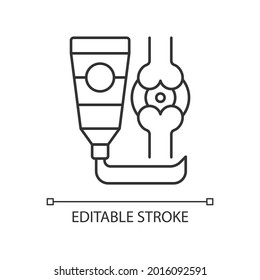 Ointment for arthritis linear icon. Pain relieving cream. Anti-inflammatory drug. Warming joints. Thin line customizable illustration. Contour symbol. Vector isolated outline drawing. Editable stroke