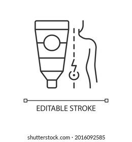 Ointment for back pain linear icon. Burning, shooting pain relieving. Soothing sensation. Thin line customizable illustration. Contour symbol. Vector isolated outline drawing. Editable stroke