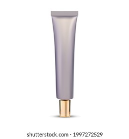 Ointment tube. Eye cream cosmetic container mockup. Eye serum squeeze bottle mock up with gold cap, plastic blank design. Tall tube template for essence, vector illustration