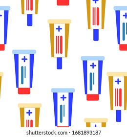 Ointment tubes. Blue, beige, red, white. Flat cartoon. Pharmacy and health care. Hospital equipment. Medicine and pharmaceutical concept. Skin disease. For injury. Antibiotic therapy. Seamless pattern