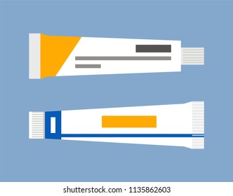 Ointments and lotions in tubes with labels and usage instruction. Medication for skin eruptions curing derma problems, isolated on vector illustration