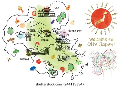 Mapa de OITA Japón con puntos de interés y atracciones. Dibujado a mano ilustración vectorial.