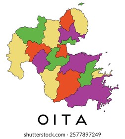 Oita map of regions districts vector colored and outline