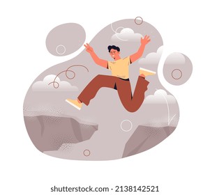 OIvercoming obstacles concept. Guy jumps over cliff. Happy and talented character. Poster or banner for website. Leadership and motivation, talented businessman. Cartoon flat vector illustration