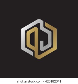 OJ initial letters looping linked hexagon elegant logo golden silver black background