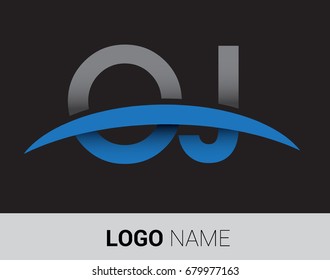 OJ initial logo company name colored grey and blue swoosh design.