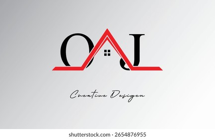 Logotipo de OJ Letter House: monograma inmobiliario creativo con icono de techo y forma de hogar para propiedad, arquitectura y marca moderna
