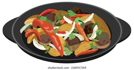 Ojakhuri. Fried meat and potatoes with vegetables. Georgian traditional kitchen. Hand drawn vector illustration. Suitable for website, stickers, postcards, menu.