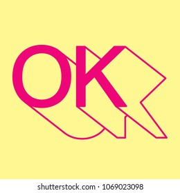 "OK" 3D Alphabet Design. Vector Typography with 3d outline style on yellow background