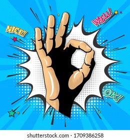 Ok abstract pop art vector illustration.  Funny graphic design concept of okay gesture on cloud bubble in retro vintage comic style. Digital art of hand sign on topic of social communication