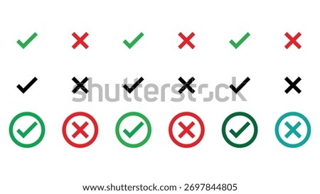 OK, accept, approval, box button, cancel checkbox, a set of checkmarks, cross box, and close, confirm correct icon signs and symbols, eps illustration design, 