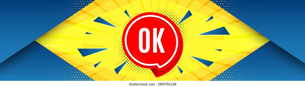 OK banner. Abstract background with offer message. Approved chat bubble sticker. Best advertising coupon banner. OK sticker badge shape. Abstract yellow background. Vector