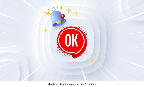 OK banner. Neumorphic offer 3d banner, poster. Approved chat bubble sticker. OK sticker promo event background. Sunburst banner, flyer or coupon. Vector