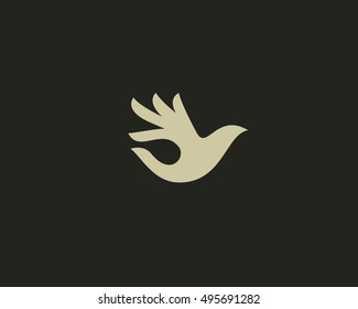 Ok Bird Vector Logo Design. Hand Wings Logotype. Fingers Dove Okay Trick Negative Space Idea Symbol. 