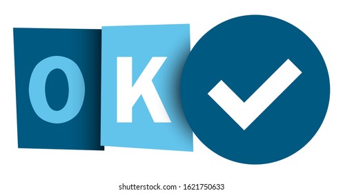 OK blue vector typographic web buttons with tick