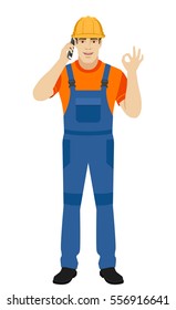 OK! Builder talking on the phone and show a okay hand sign. Full length portrait of builder in a flat style. Vector illustration.