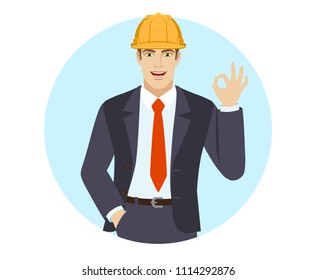 OK! Businessman in construction helmet with hand in pocket showing a okay hand sign. Portrait of businessman in a flat style. Vector illustration.