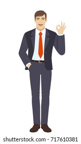 OK! Businessman with hand in pocket showing a okay hand sign. Full length portrait of businessman character in a flat style. Vector illustration.