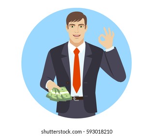OK! Businessman with money show a okay hand sign. Portrait of businessman in a flat style. Vector illustration.