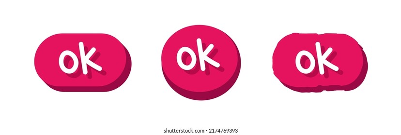 Ok buttons. Pink 3d buttons. Vector set isolated on white background.