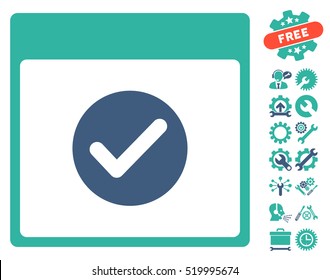 Ok Calendar Day icon with bonus setup tools symbols. Vector illustration style is flat iconic symbols, cobalt and cyan, white background.
