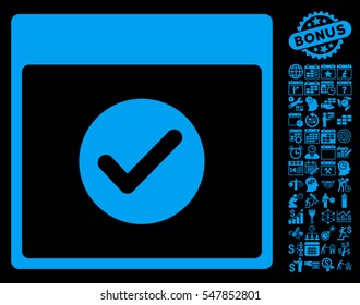 Ok Calendar Day icon with bonus calendar and time management pictograph collection. Vector illustration style is flat iconic symbols, blue, black background.