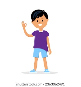 Ok cheerful boy in shorts and purple t-shirt waving his hand. Little schoolboy character. Vector illustration isolated on white background