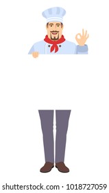 OK! Chef holding white blank poster showing a okay hand sign. Full length portrait of Chef in a flat style. Vector illustration.