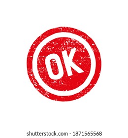 Ok circle stamp. Texturised red stamp with ok text isolated on white background, vector illustration.