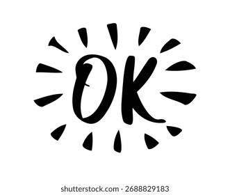 Ok Comic-Doodle-Schrift Blitzeffekte. Glänzend handgezeichnet OK onomatopoeia. Okey okay dekoratives Wort Cartoon-Symbol. Vektorgrafik