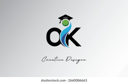 OK Creative Letter Logo com Boné de Graduação e Humano Abstrato - Educação Moderna e Design de Símbolo de Aprendizagem