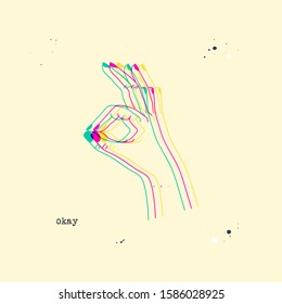 OK or excellence gesture. Stereoscopic vector hand showing okay or excellent. Background with 3D stereo effect. Glitch illustration with body language for poster or print design