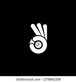 ok finger, vector icon hand flat style with bulb idea isolated on black background. Logo template for business concept.