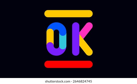 Ok. Banner engraçado, balão de fala, conceito de adesivo de cartaz. Estilo geométrico colorido para diversão, festa noturna brilhante, com texto Ok. Frase, texto, mensagem Ok. Ilustração de vetor