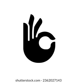 OK gesture black glyph icon. Agreement sign. Approvement symbol. Body language information. All correct. Silhouette symbol on white space. Solid pictogram. Vector isolated illustration