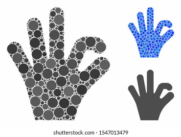 OK gesture composition of filled circles in variable sizes and color hues, based on OK gesture icon. Vector filled circles are grouped into blue composition.