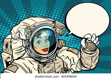 OK gesture female astronaut in a spacesuit, pop art retro vector illustration, science and research